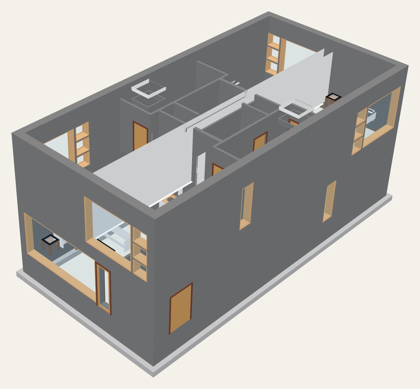 Vue 3D d'une maquette de duplex convertie par NUMIDRA : murs, ouvertures et cloisons par niveau